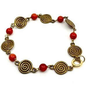 VTG Antique Brass Tone‎ Red Jasper Glass Bead Greek Key Spiral Link Bracelet 6"